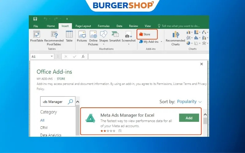 Các bước tìm kiếm và cài đặt tiện ích Meta Ads Manager for Excel