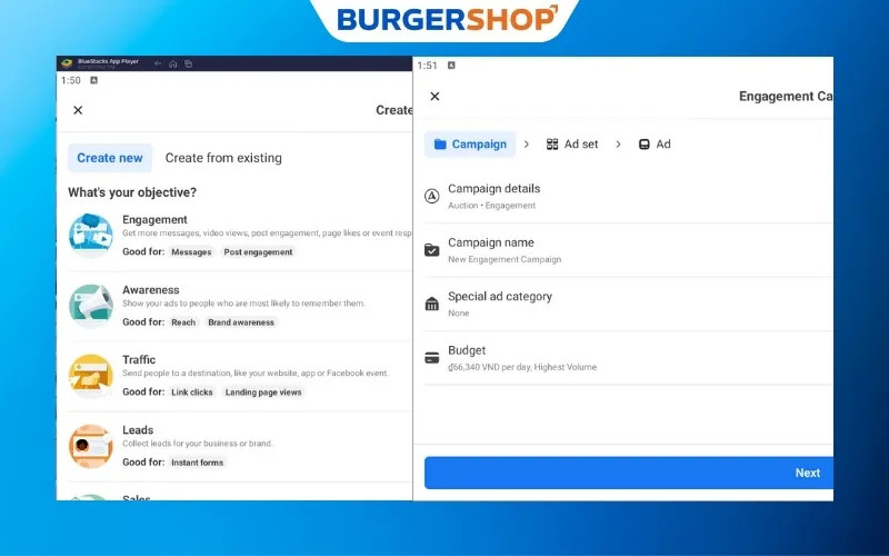 Giao diện cơ bản của Facebook Ads Manager trên thiết bị di động với các tùy chọn quản lý chiến dịch