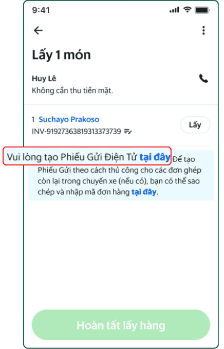 Màn hình ứng dụng Grab Driver hiển thị đường dẫn truy cập nhanh Phiếu Gửi Điện Tử tại điểm nhận hàng