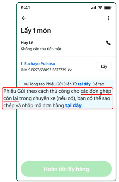Giao diện ứng dụng Grab Driver hiển thị các đơn hàng trong chuyến xe ghép và tùy chọn truy cập PGĐT