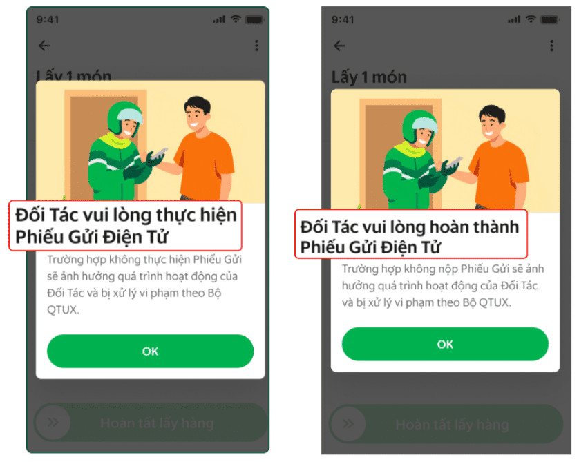 Thông báo nhắc nhở thực hiện Phiếu Gửi Điện Tử trên ứng dụng Grab Driver
