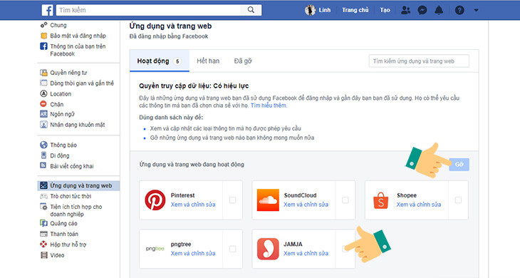 Màn hình hiển thị danh sách các ứng dụng và trang web đã liên kết với tài khoản Facebook, kèm theo tùy chọn "Gỡ" để người dùng xóa bỏ liên kết.