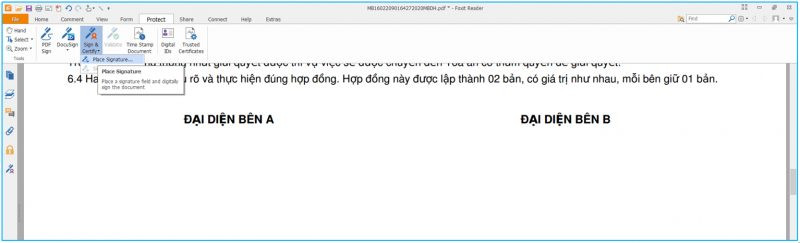 Chọn chức năng Place Signature trên Foxit Reader để bắt đầu quá trình ký số