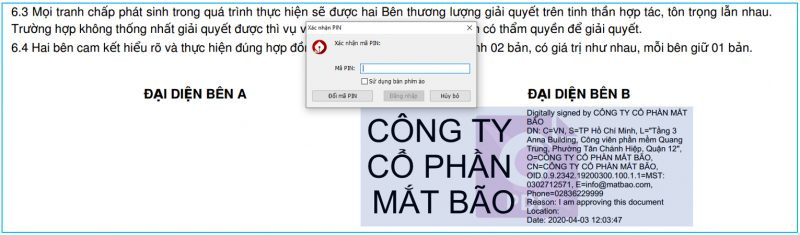 Hộp thoại yêu cầu nhập mật khẩu USB Token để xác thực chữ ký số