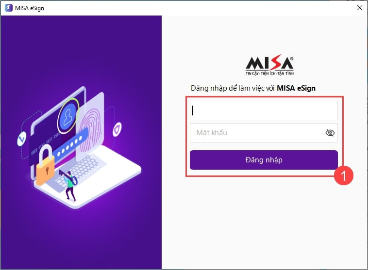 Giao diện đăng nhập ứng dụng MISA eSign Desktop để bắt đầu ký số từ xa