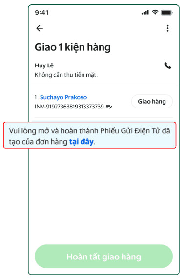 Màn hình ứng dụng Grab Driver hiển thị danh sách Phiếu Gửi Điện Tử tại điểm giao hàng