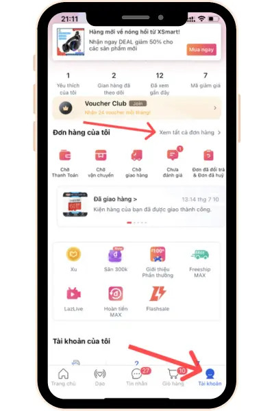 Mở danh sách đơn hàng trên ứng dụng Lazada