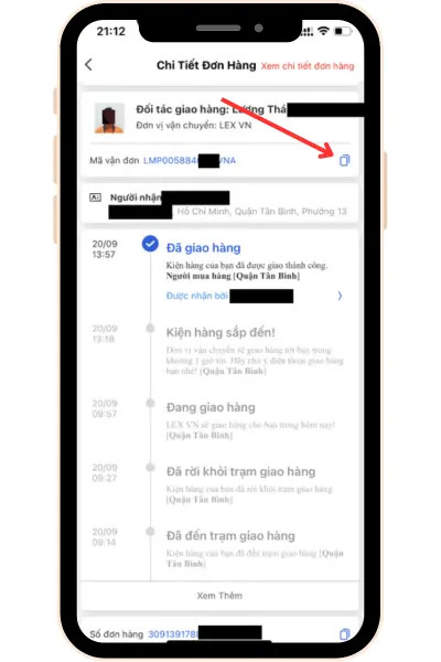 Sao chép mã vận đơn để tra cứu