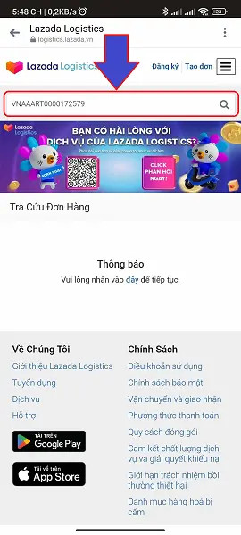 Giao diện trang chủ Lazada Logistics để tra cứu