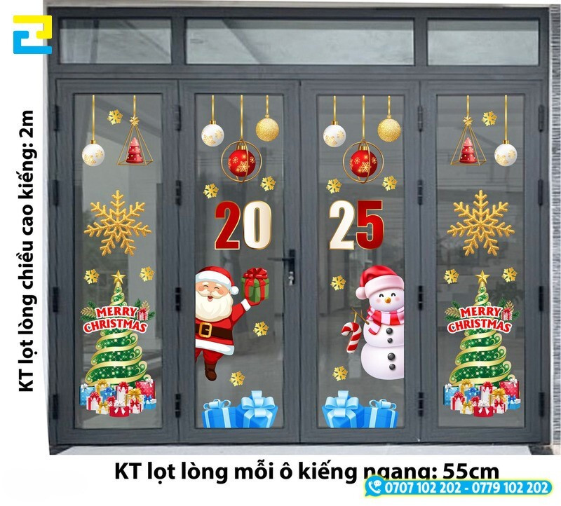 Decal dán hình ảnh ông già Noel, người tuyết và cây thông trên cửa kính
