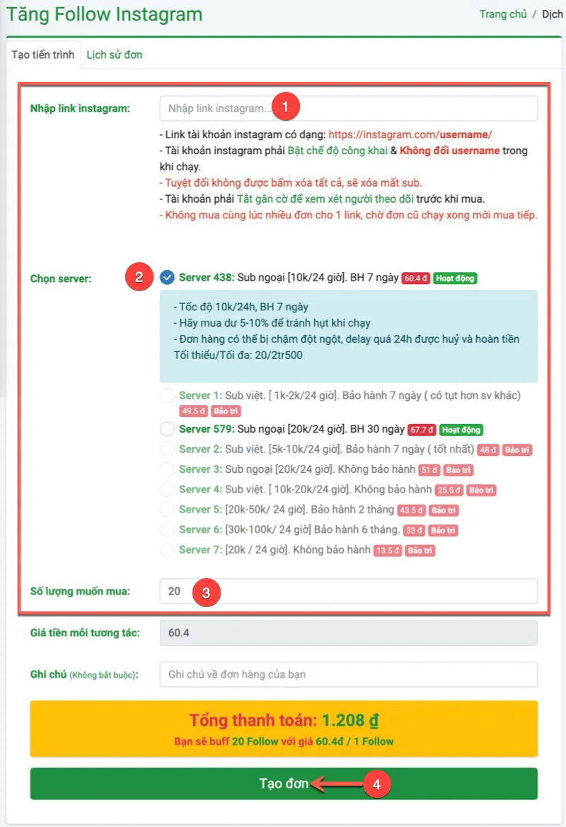 Giao diện Buff follow Instagram trên MuaLikes.Net